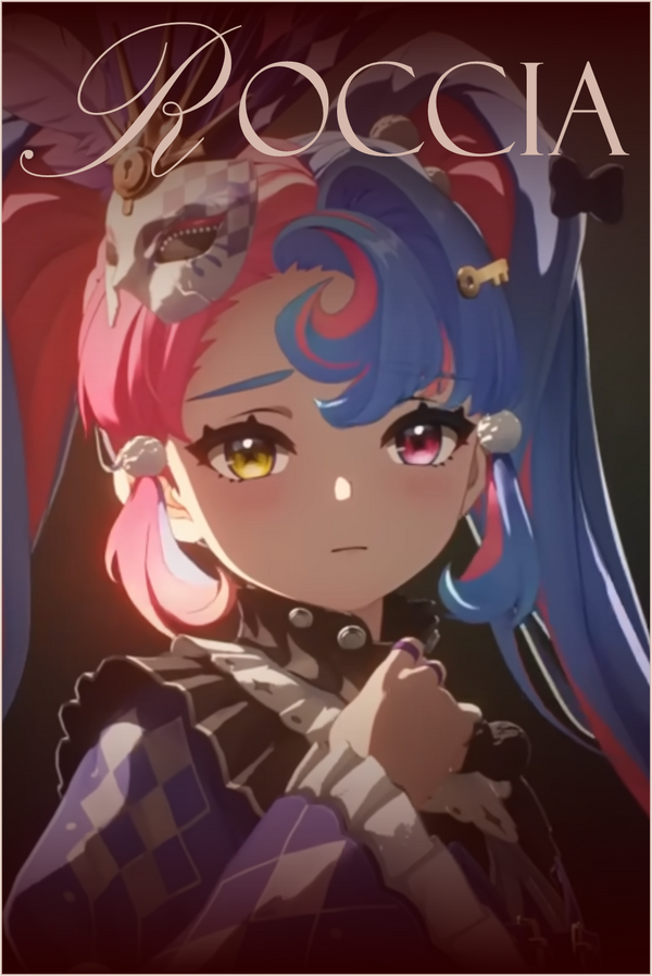 Bust shot of Roccia from Wuthering Waves, a doll-like performer with split pink-and-blue hair and mismatched eyes.