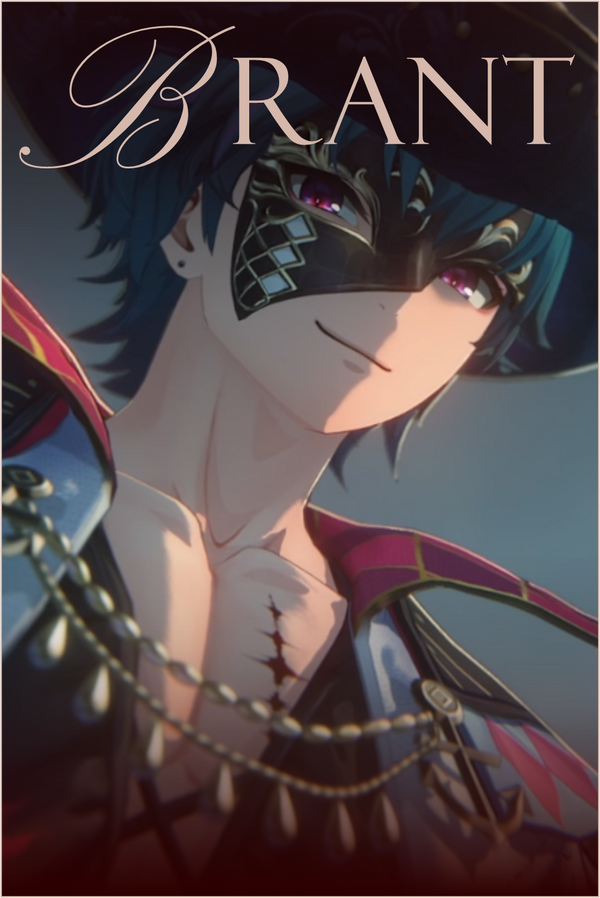 Bust shot of Brant from Wuthering Waves, a masked performer with a knowing smile.